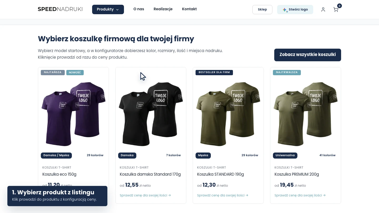 Konfigurator koszulek firmowych z wyborem modelu, rozmiarów, ilości, miejsca nadruku i logo